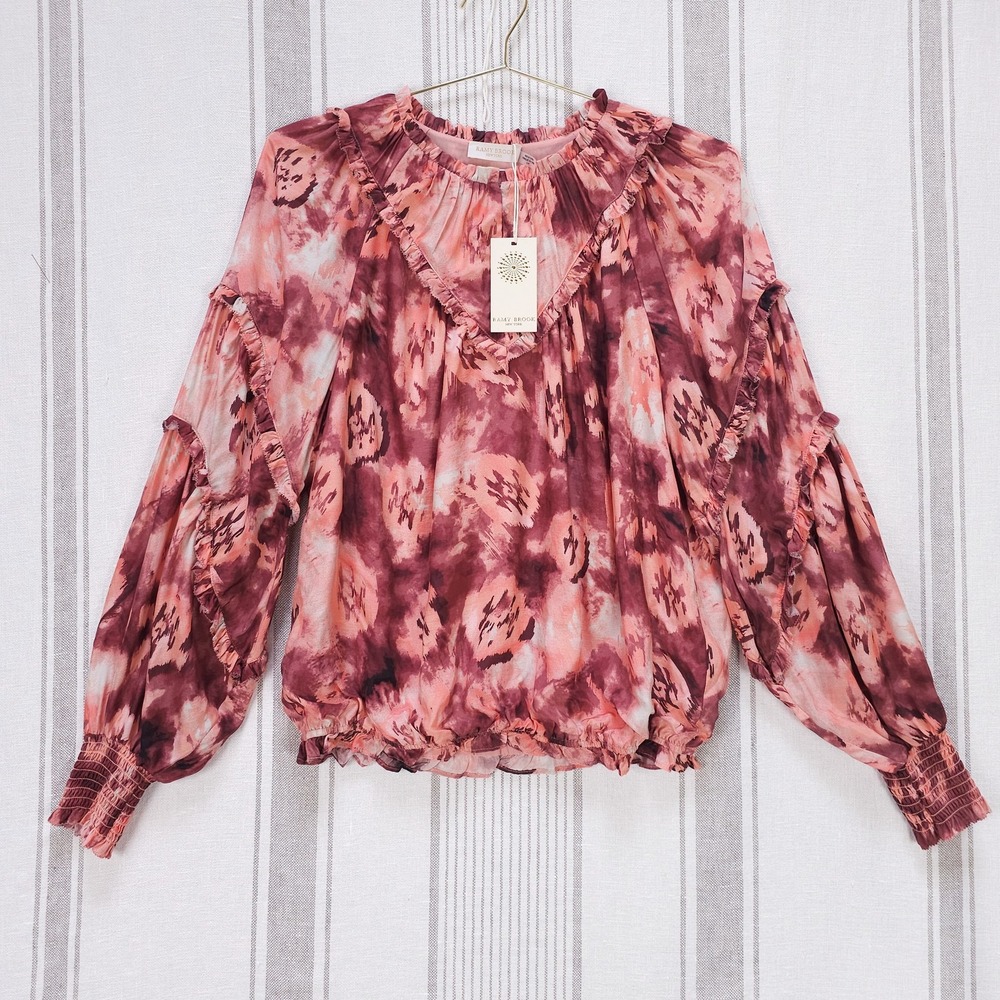 Ramy Brook Top Womens Small Pink Raquel Long Sleeve Top Feminine Coquette Ruffle